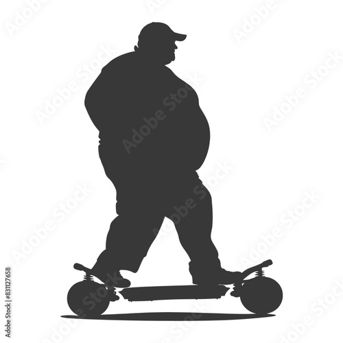 silhouette fat elderly man riding hoverboard full body black color only