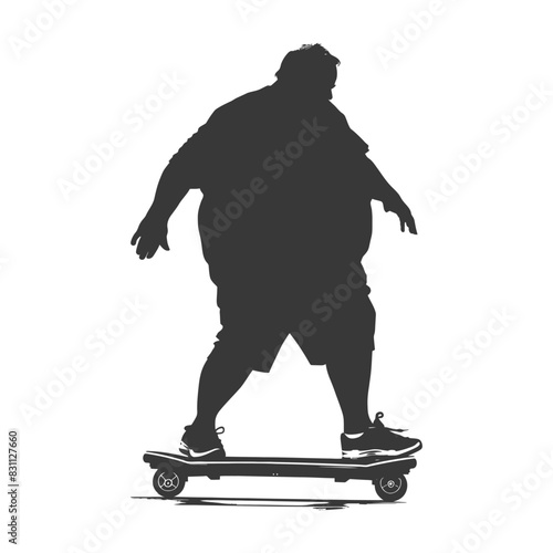 silhouette fat elderly man riding hoverboard full body black color only
