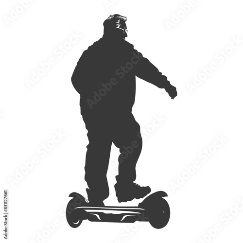 silhouette fat elderly man riding hoverboard full body black color only