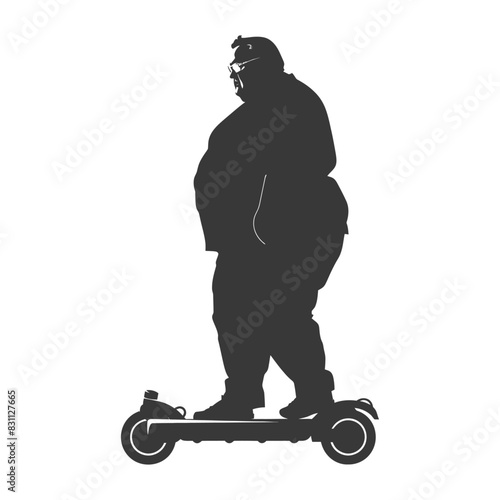silhouette fat elderly man riding hoverboard full body black color only