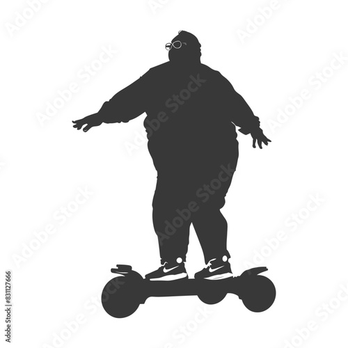 silhouette fat elderly man riding hoverboard full body black color only