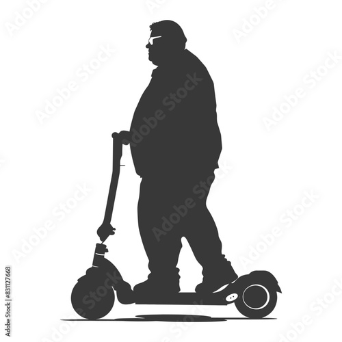 silhouette fat elderly man riding hoverboard full body black color only