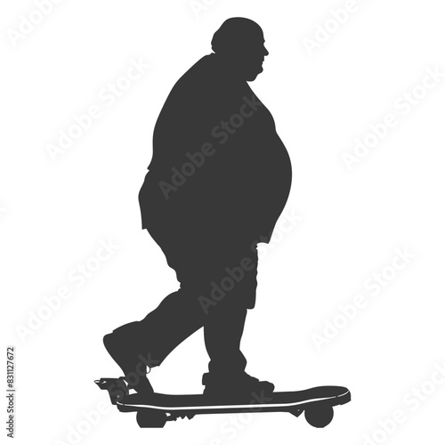 silhouette fat elderly man riding hoverboard full body black color only