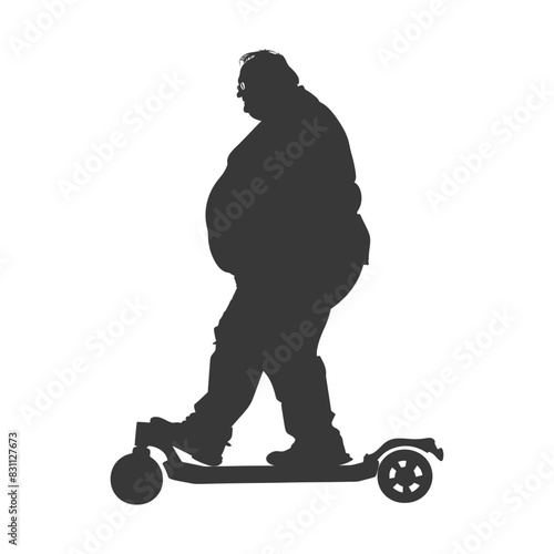 silhouette fat elderly man riding hoverboard full body black color only