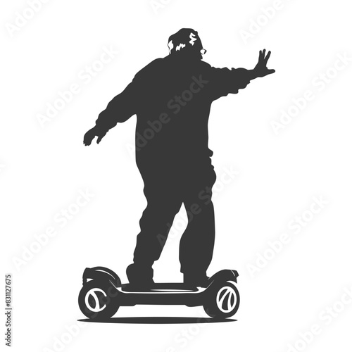 silhouette fat elderly man riding hoverboard full body black color only