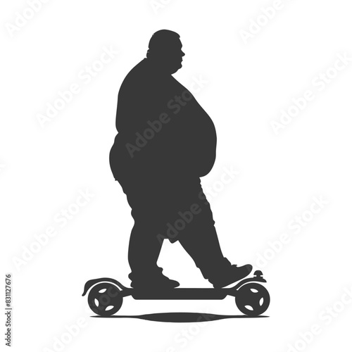 silhouette fat elderly man riding hoverboard full body black color only