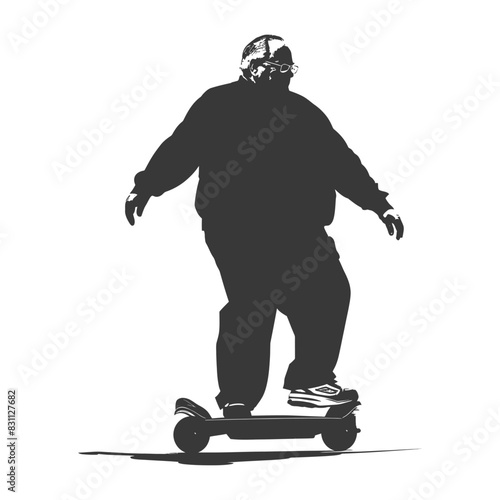 silhouette fat elderly man riding hoverboard full body black color only