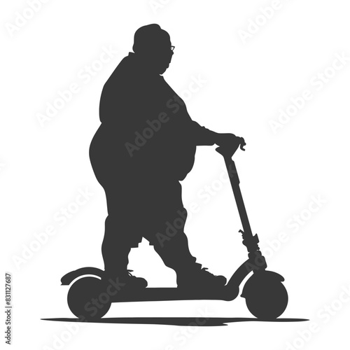 silhouette fat elderly man riding hoverboard full body black color only