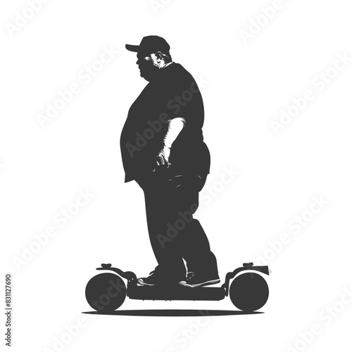 silhouette fat elderly man riding hoverboard full body black color only