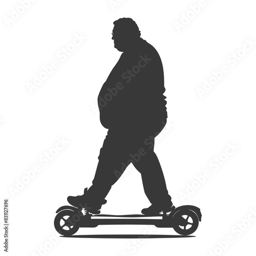 silhouette fat elderly man riding hoverboard full body black color only
