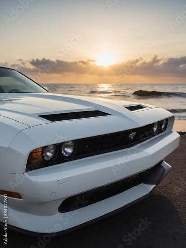 A pristine white car heads towards the ocean as the sun sets.