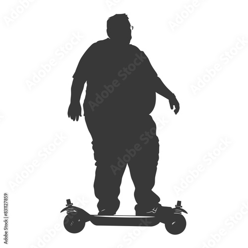 silhouette fat elderly man riding hoverboard full body black color only