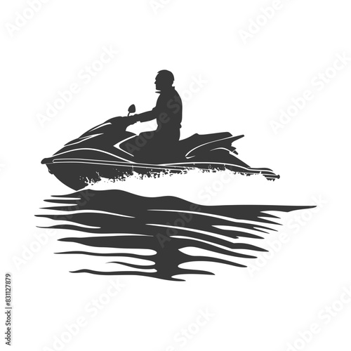 silhouette fat elderly man riding jet ski full body black color only