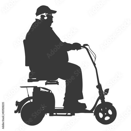 Silhouette of Senior Man Riding Mobility Scooter, White Background.