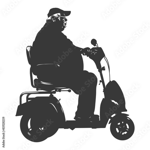 Silhouette of senior man with cap riding mobility scooter.
