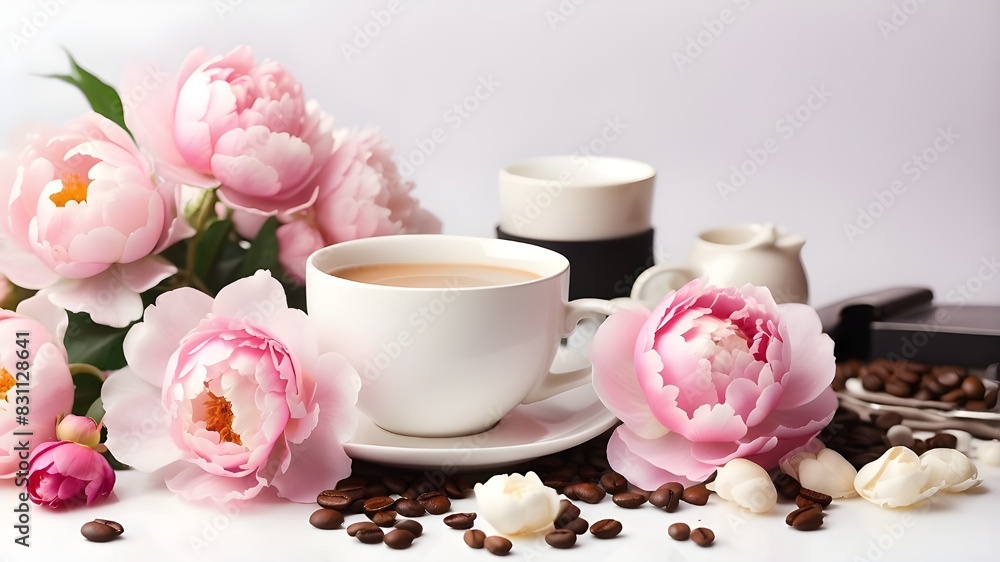 On a white background, adorable feminine accessories, coffee with cream, and pink peonies: On a white background, adorable feminine accessories, coffee with cream, and pink peonies: