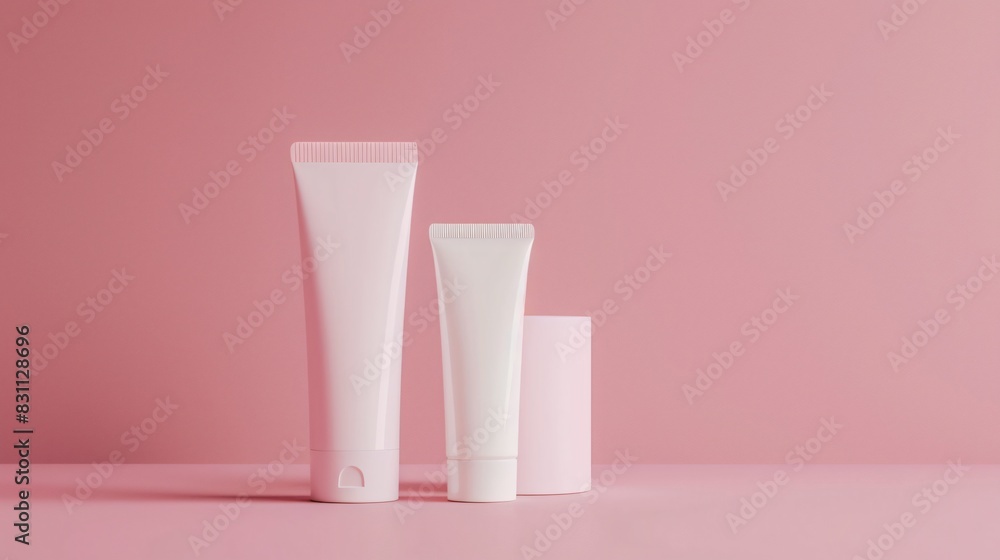 Product advertising shot of white cream tubes next to each other on pink background. Mock up concept Product advertising shot of white cream tubes next to each other on pink background. Mock up concept