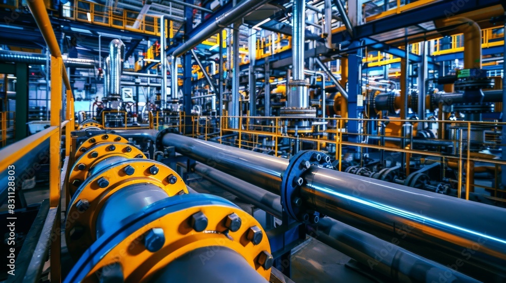 Wide-angle view of a modern factory where steel pipelines and valves are integrated into automated production lines Wide-angle view of a modern factory where steel pipelines and valves are integrated into automated production lines