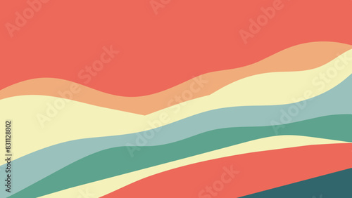 Paisaje minimalista con montañas, olas y formas abstractas. Concepto de colores pasteles.