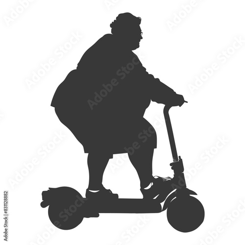 Silhouette: Overweight Woman Gliding on Electric Scooter.