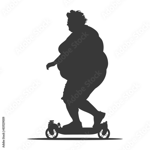 Silhouette of an Overweight Woman Riding a Scooter, Isolated on White.