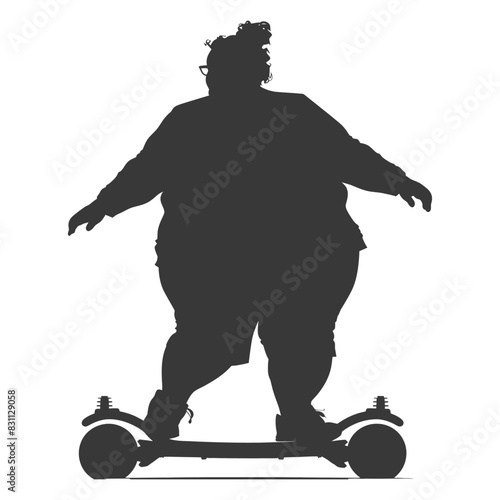 Silhouette of Plus-Size Woman Riding Electric Skateboard, White Background.
