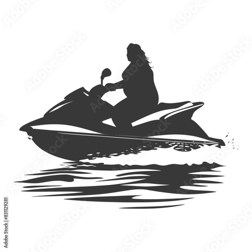 Silhouette of woman riding a jet ski over calm water, simple graphic.