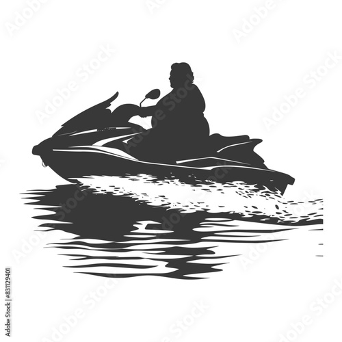Silhouette of plus-size woman riding a jet ski, water reflection, monochrome, adventure.