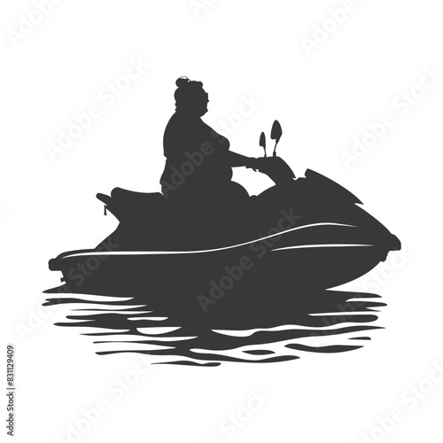 Silhouette: Overweight Woman Jet Skiing, Water Sport Fun.