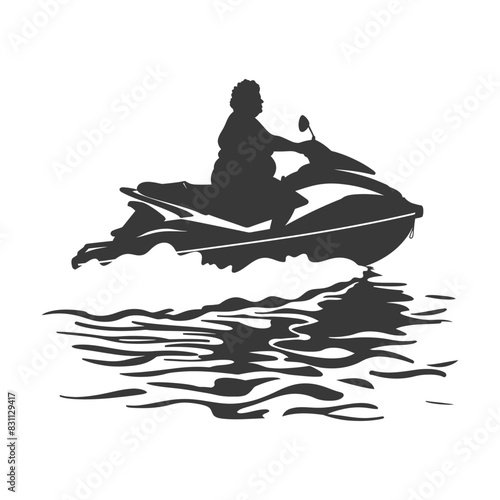 Silhouette of woman riding jet ski, abstract water reflection.
