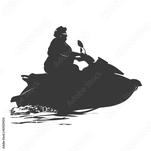 Silhouette of a Mature Woman Joyriding on a Jet Ski, Speeding across Water
