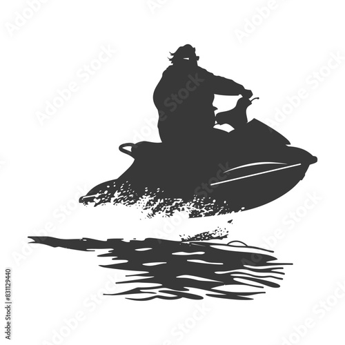 Monochrome Silhouette: Jet Ski Rider Speeding on Water, Recreation Icon.