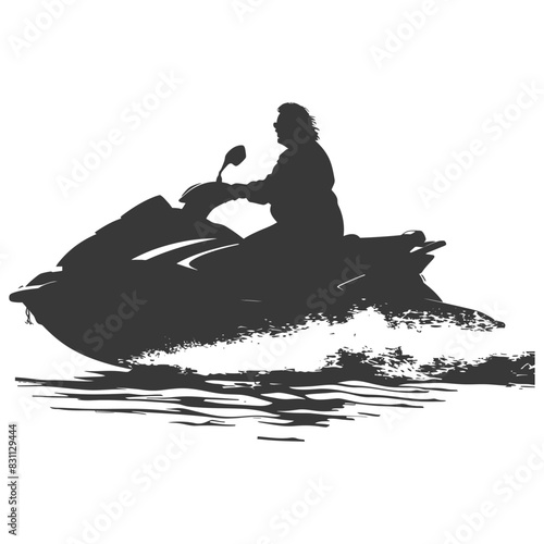 Silhouetted woman speeds on jet ski, water spray.