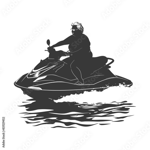 Silhouette of elderly woman riding a jet ski on water.