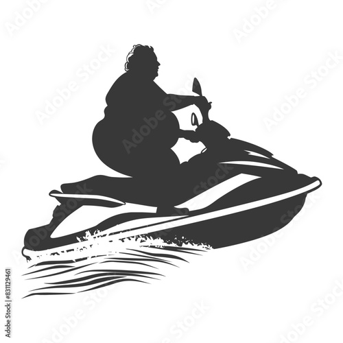 Silhouette: Overweight woman on Jet Ski, summer fun, watercraft adventure.