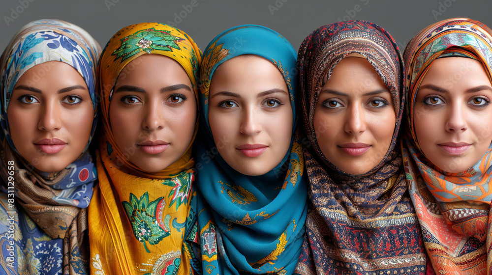 Diverse young women in colorful hijabs showcasing cultural unity and beauty in a close-up portrait. Diverse young women in colorful hijabs showcasing cultural unity and beauty in a close-up portrait.
