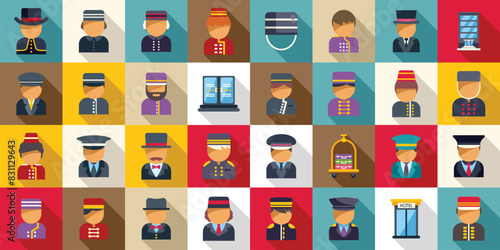 Doorman icons set vector. A collection of men in various uniforms, including hotel staff, police officers, and other service workers