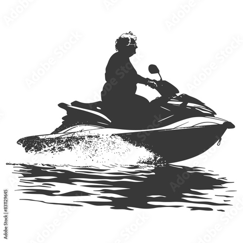 Silhouette of Senior Woman Jet Skiing, Water Splash, Monochrome Action.
