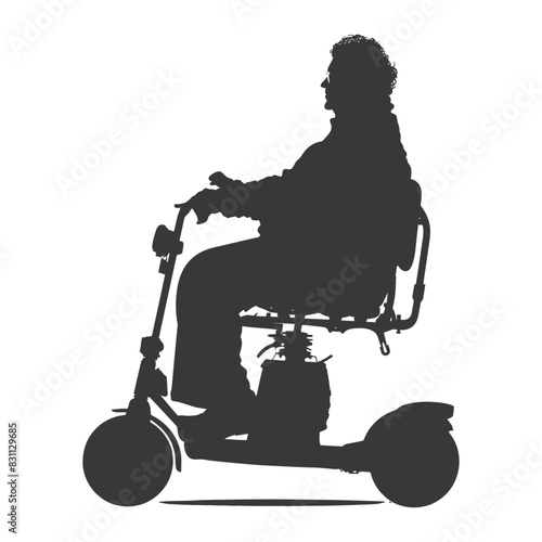 Silhouette of Mature Woman Riding Mobility Scooter on White.