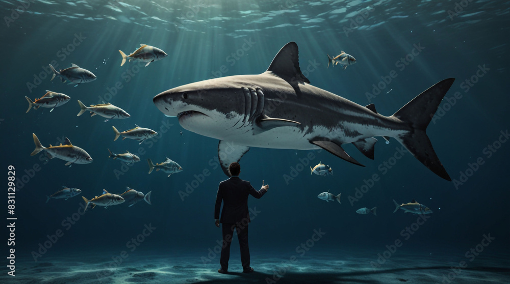 Fototapeta premium small-fish-with-ambitions-of-a-big-shark---business-concept