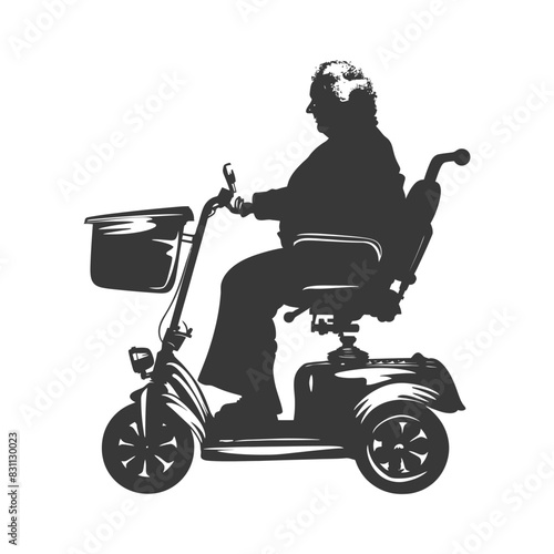 Silhouette of an Elderly Woman on a Mobility Scooter with Basket.