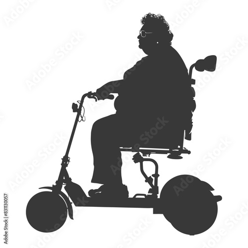 Silhouette of a Senior Woman Riding a Mobility Scooter on White.