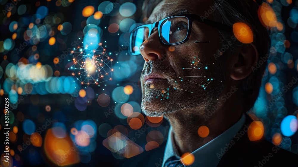 A business leader’s silhouette filled with floating data particles and quantum bits, illustrating his role in tech innovation. Minimal and Simple style A business leader’s silhouette filled with floating data particles and quantum bits, illustrating his role in tech innovation. Minimal and Simple style