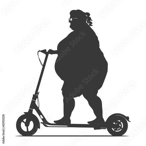 Silhouette of Overweight Woman Riding Electric Scooter.