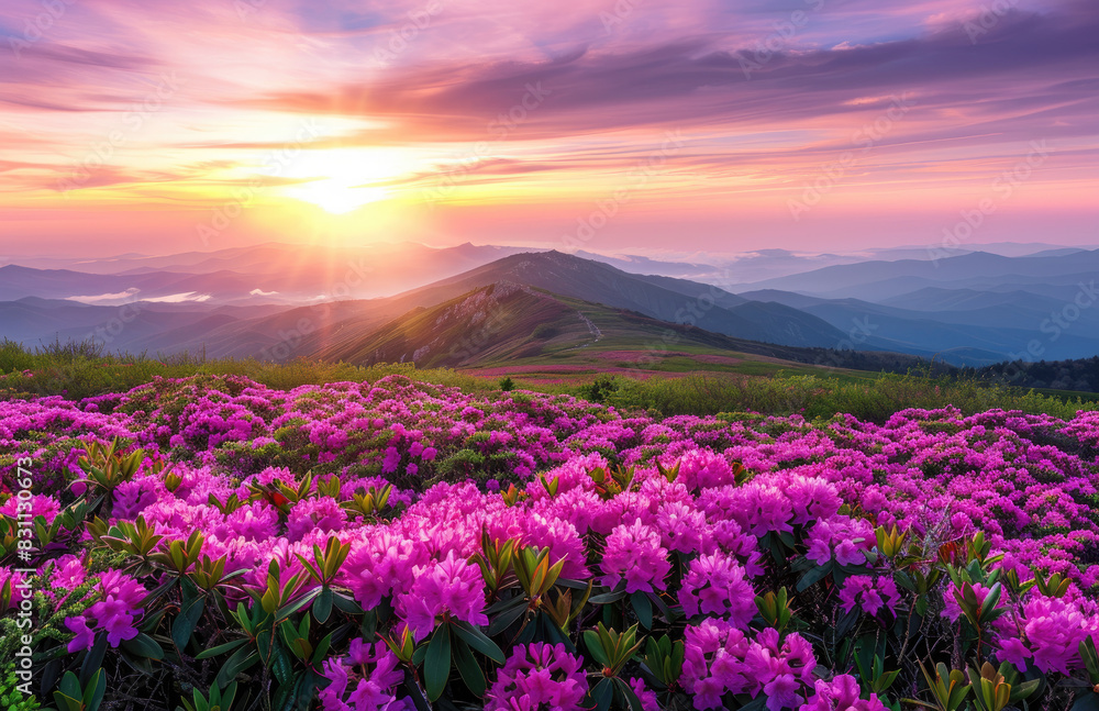 sunset in the mountains with beautiful pink flowers. Created with Ai