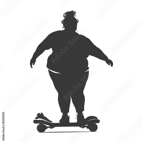 Silhouette of Overweight Woman Balancing on Hoverboard.