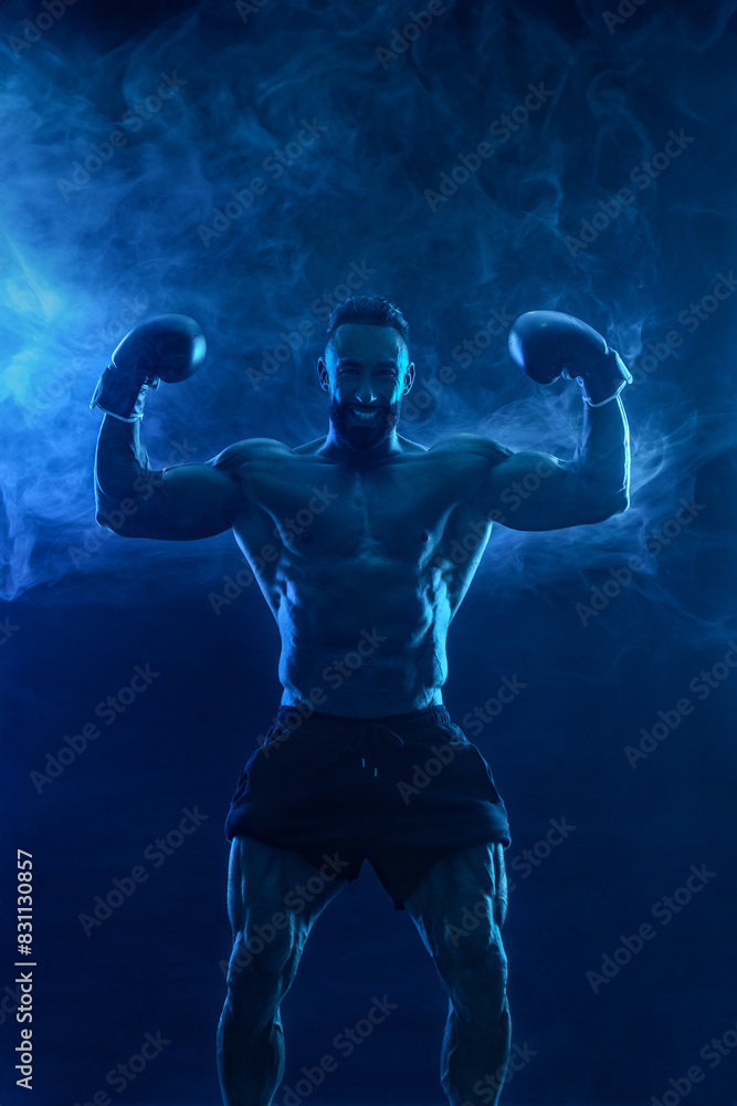 Man Athlete Boxer banner. Template for a sports magazine on the theme of boxing with copy space. Mockup for betting advertisement.