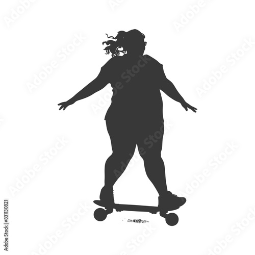 Silhouette of carefree woman skateboarding with arms outstretched.