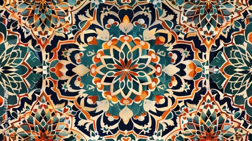 Traditional Seamless Background Islamic Wall Mosaic with Natural Hues Eastern Influence and Hand Crafted Floral Kaleidoscope Pattern