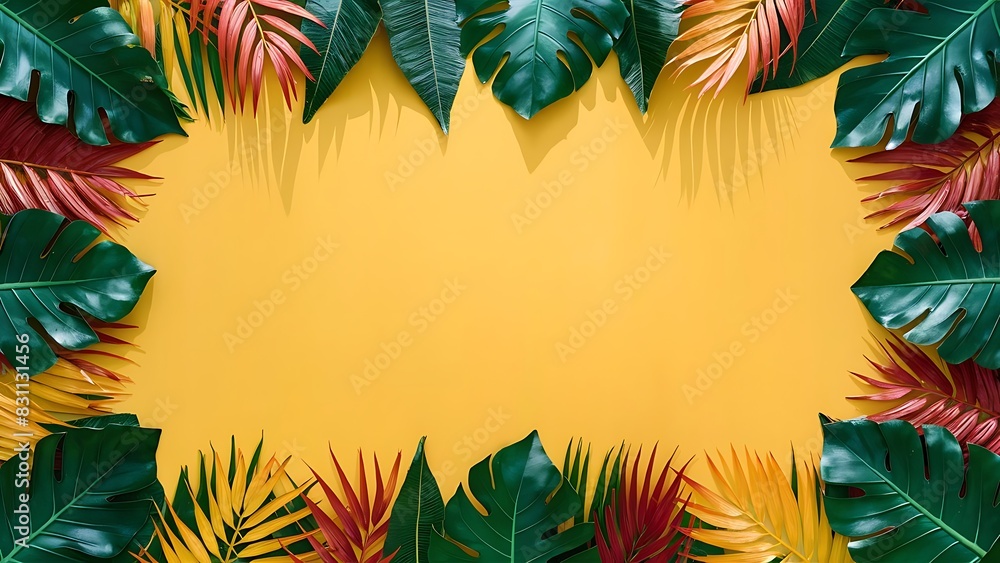 Frame made of tropical leaves on color background Frame made of tropical leaves on color background
